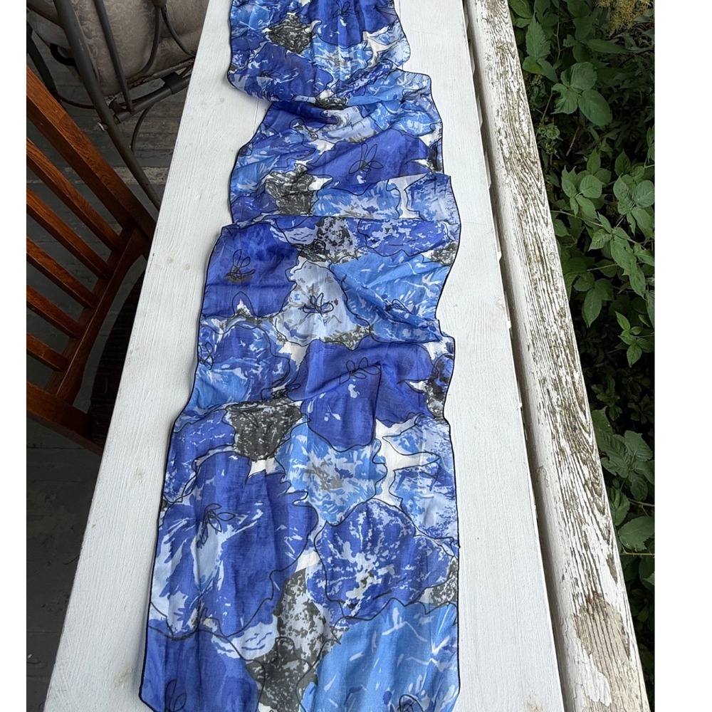 Dana Herbert Blue Floral Cotton Scarf Made in Portland Oregon 57x12